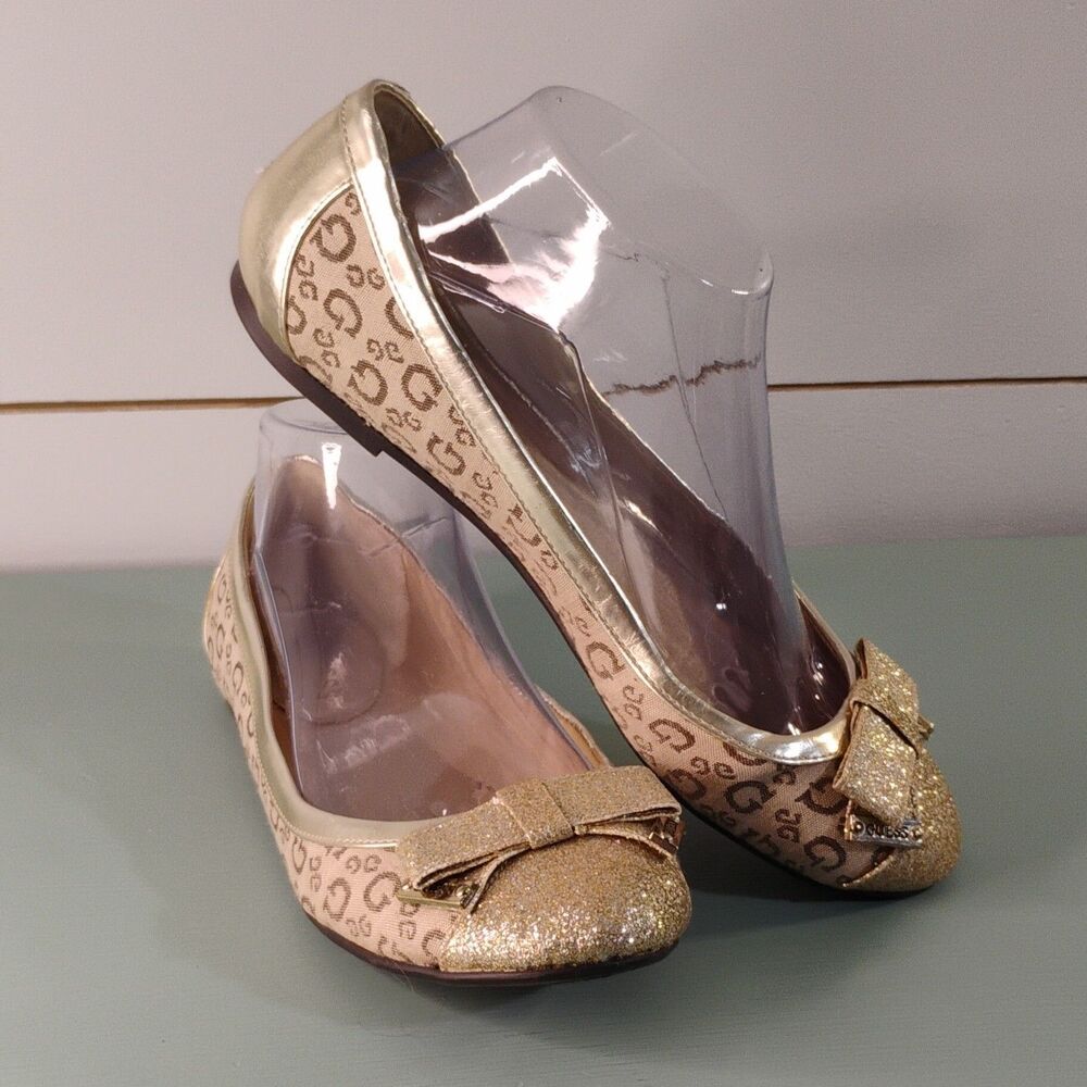 GUESS Women's Beige/Gold Logo Bow Ballet Flats Glitter Toe Slip-On US 8 M